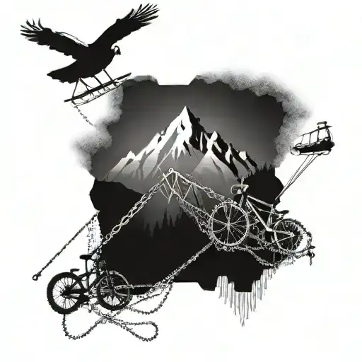 A mountain range made up of interconnected bike chains and ski tracks, with paragliders soaring above tattoo design idea
