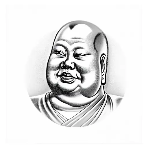 smiling fat buddha side view black and white tattoo design idea