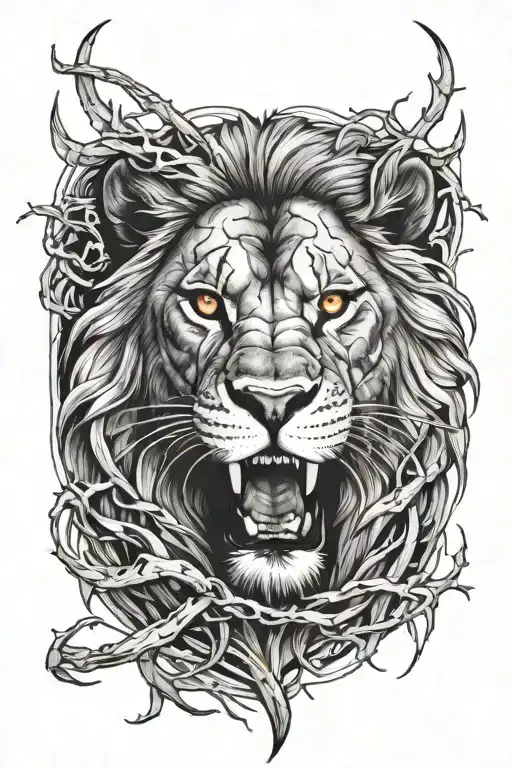 roaring lion with scar on right eye with thorns around  tattoo design idea