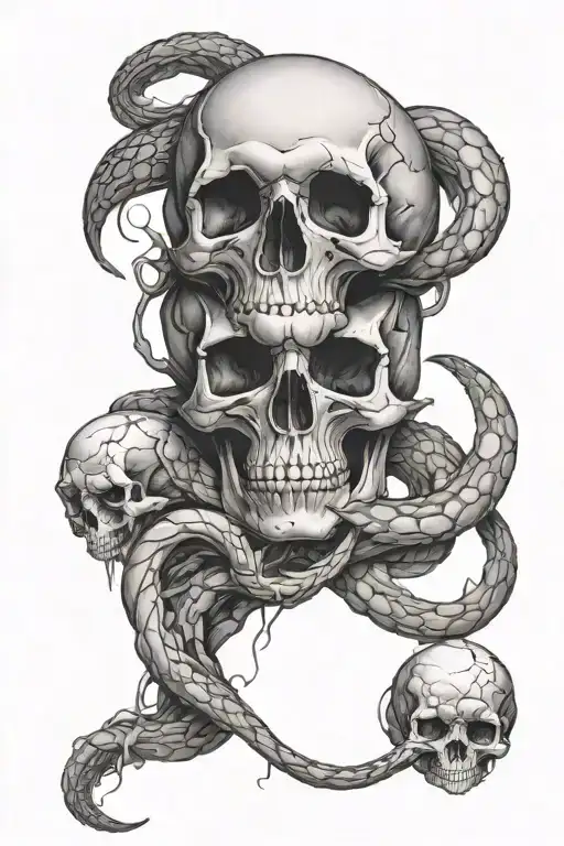 A skull with snakes crawling out of the eye sockets, representing the cycle of life and death in healthcare tattoo design idea