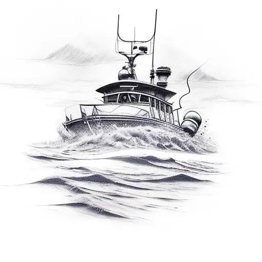 A sketch style tattoo of a taxi cab transformed into a fishing boat, with denim fabric waves surrounding it tattoo design idea