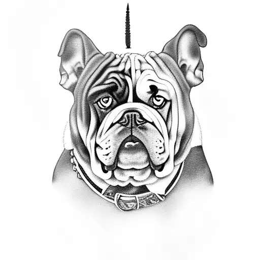 A black-grey tattoo depicting a bulldog wearing a Scottish kilt, representing your love for both bulldogs and Scotland. tattoo design idea