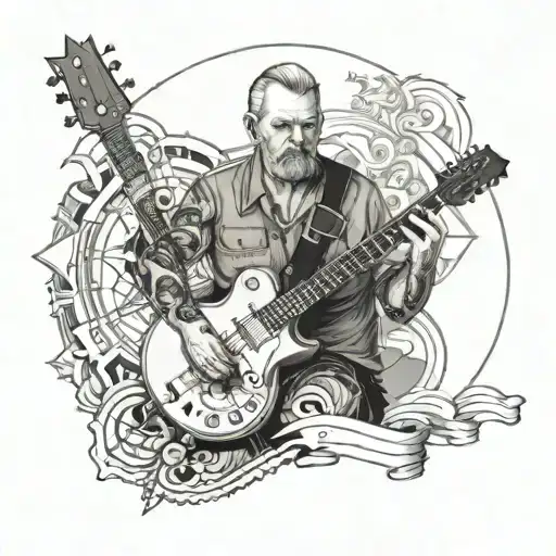 60-year-old Admiral father holding a compass in his hand and his 30-year-old son surrounded by an electric guitar in geo tattoo design idea