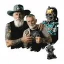 60-year-old Admiral father holding a compass in his hand and his 30-year-old son surrounded by an electric guitar in geo tattoo design idea