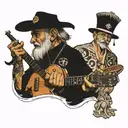 60-year-old Admiral father holding a compass in his hand and his 30-year-old son surrounded by an electric guitar in geo tattoo design idea