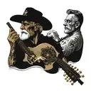 60-year-old Admiral father holding a compass in his hand and his 30-year-old son surrounded by an electric guitar in geo tattoo design idea