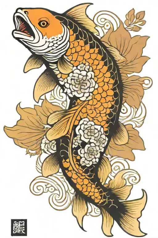 Japanese carp koi black with a hani mask split in half tattoo design idea