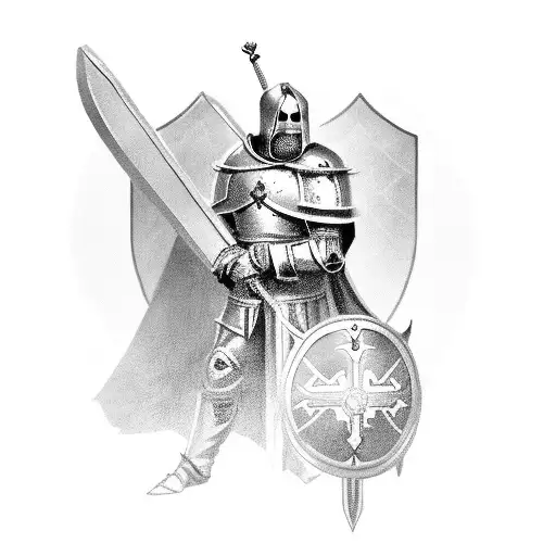 Create a templar knight standing with shield in front of his legs tattoo design idea