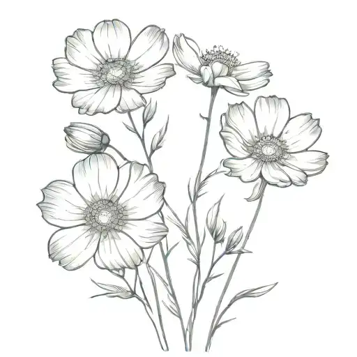 3 stems of cosmos  flower bouquet fine line tattoo design idea