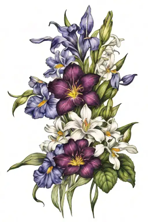 bouquet violets, daisies, iris, primrose and water lily  tattoo design idea