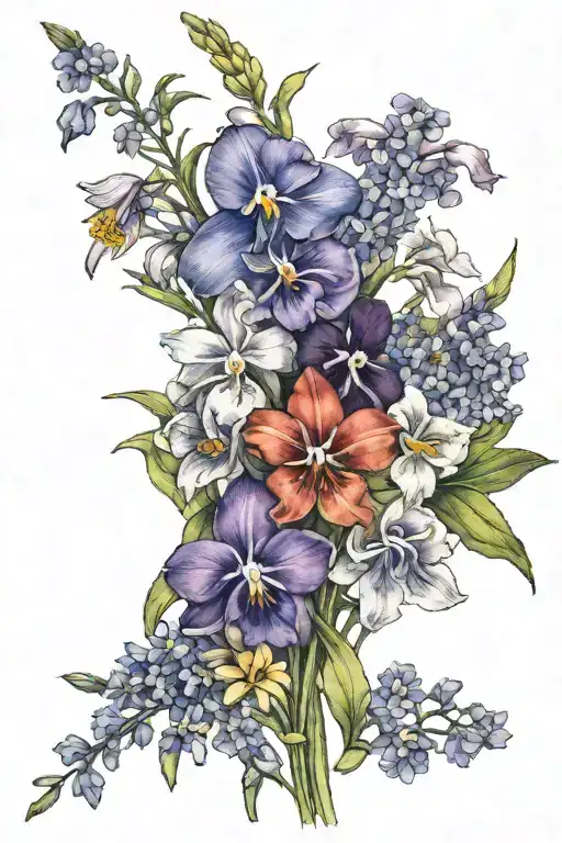 bouquet violets, daisy, iris, primrose and larkspur tattoo design idea