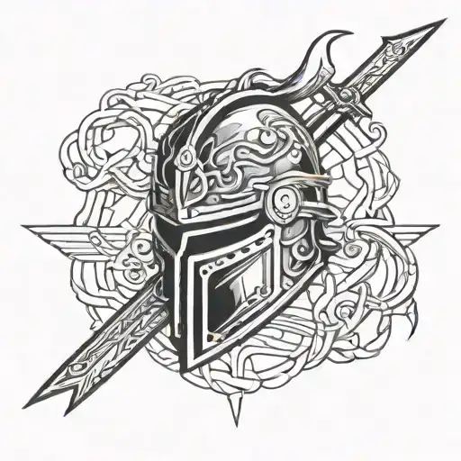 interconnected Knight's Helm of adversity & on' intertwined tattoo design idea