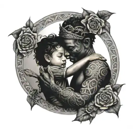 mother and male child embrace mandala moon surrounded tattoo design idea