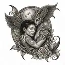 mother and male child embrace mandala moon surrounded tattoo design idea