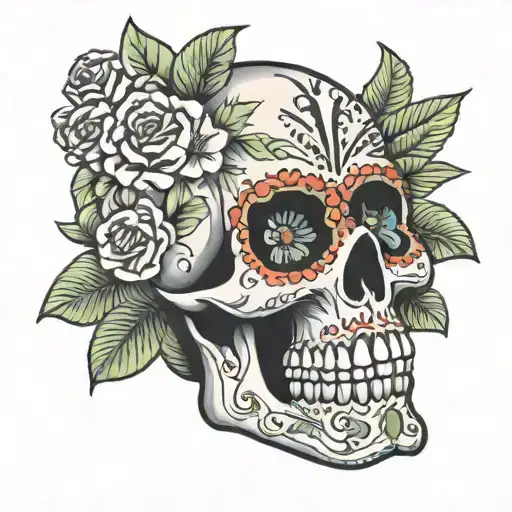 mexican skull with flowers tattoo design idea