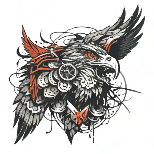A sketch style tattoo of a fierce eagle clutching a ravan mask in its talons, symbolizing your fearless nature and willingness to confront danger tattoo design idea