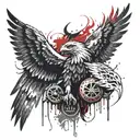 A sketch style tattoo of a fierce eagle clutching a ravan mask in its talons, symbolizing your fearless nature and willingness to confront danger tattoo design idea