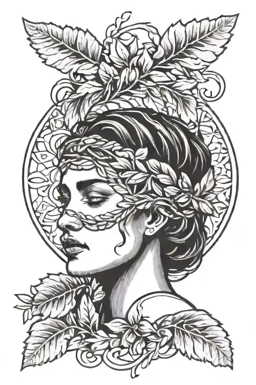 Laurel wreath with blindfolded woman face tattoo design idea