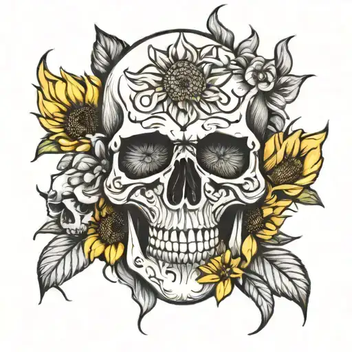 skull and sunflowers tattoo design idea