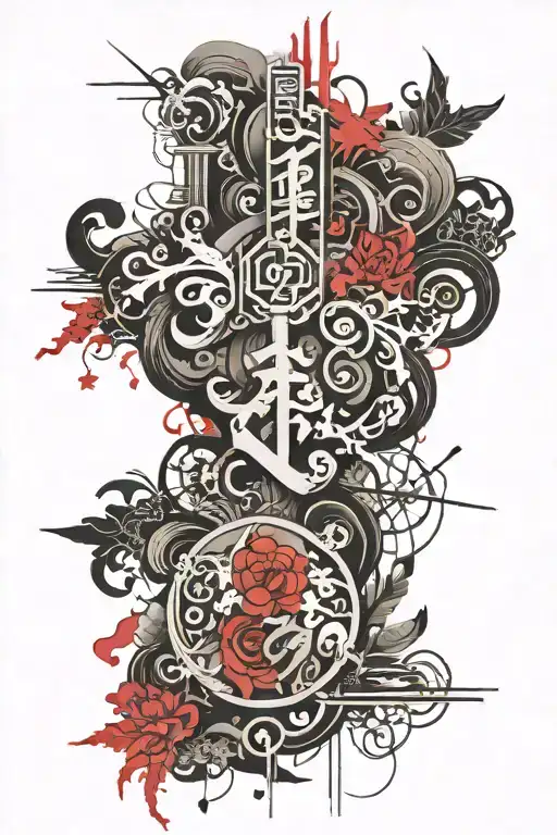 artistic tattoo, a combination of different colors, a design with a far eastern theme, symbolic epic letters add unity t tattoo design idea