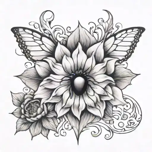 A black dahlia flower and black widow spider sternum tattoo design tattoo design idea