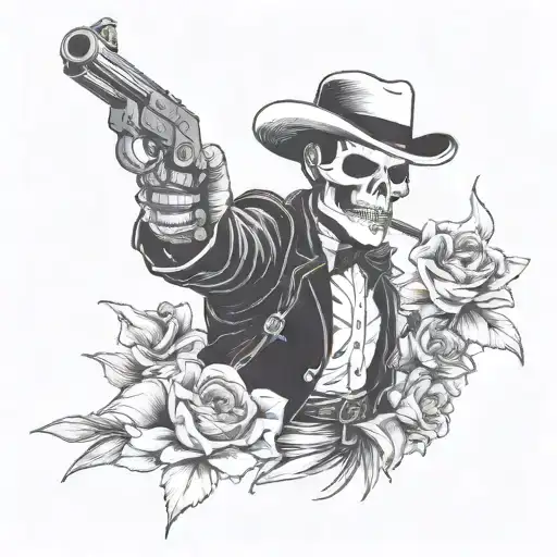 Doc Holliday skeleton smoking a cigarette holding pistols crossing each other, with lily flowers around him tattoo design idea