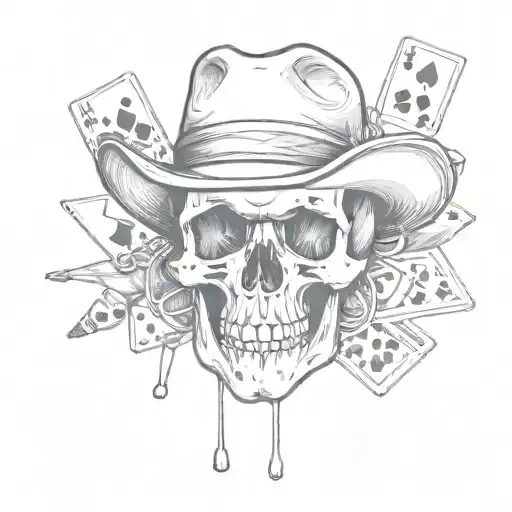 A skull wearing a Dallas Cowboys hat, with dice and playing cards scattered around it tattoo design idea