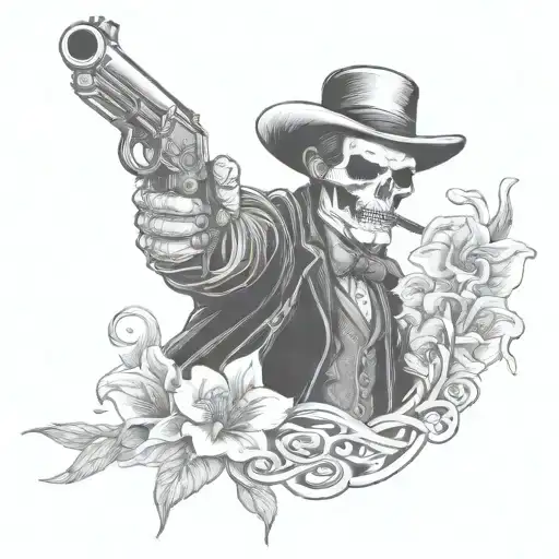 Doc Holliday skeleton smoking a cigarette with mustacheholding pistols crossing each other, with lily flowers around him tattoo design idea
