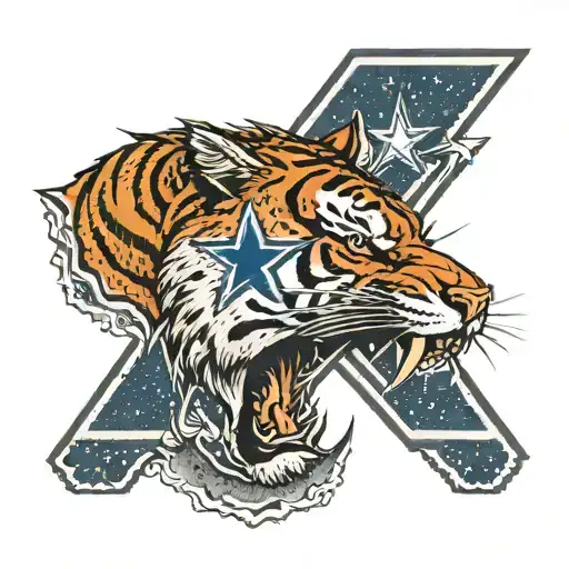 An intricate design of the Dallas Cowboys logo morphing into a tiger's face, with waves of Orange Beach in the background tattoo design idea