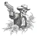 Doc Holliday skeleton smoking a cigarette holding pistols crossing each other, with lily flowers around him tattoo design idea