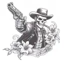 Doc Holliday skeleton smoking a cigarette holding pistols crossing each other, with lily flowers around him tattoo design idea