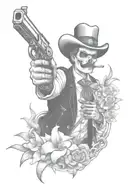 Doc Holliday skeleton smoking a cigarette with mustacheholding pistols crossing each other, with lily flowers around him tattoo design idea