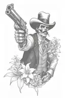 Doc Holliday skeleton smoking a cigarette with mustacheholding pistols crossing each other, with lily flowers around him tattoo design idea
