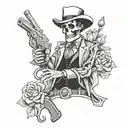 Doc Holliday skeleton holding pistols crossing each other, with lily flowers around him tattoo design idea