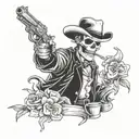 Doc Holliday skeleton holding pistols crossing each other, with lily flowers around him tattoo design idea