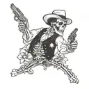 Doc Holliday skeleton holding pistols crossing each other, with lily flowers around him tattoo design idea