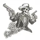 Doc Holliday skeleton holding pistols crossing each other, with lily flowers around him tattoo design idea