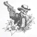 Doc Holliday skeleton smoking a cigarette holding pistols crossing each other, with lily flowers around him tattoo design idea
