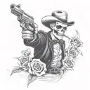 Doc Holliday skeleton smoking a cigarette holding pistols crossing each other, with lily flowers around him tattoo design idea
