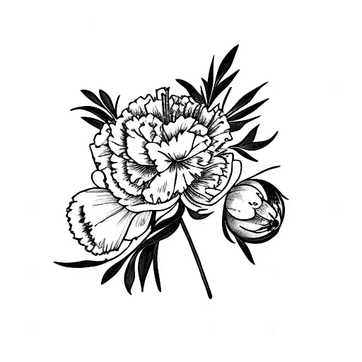 peony, carnation, primroses, poppy flowers in a bouquet. only one of each flower , with only two leaf's . tattoo design idea