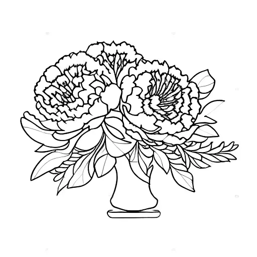 outlines of peony, carnation, primroses, poppy flowers in a bouquet. only one of each flower , with only two leaf's . tattoo design idea