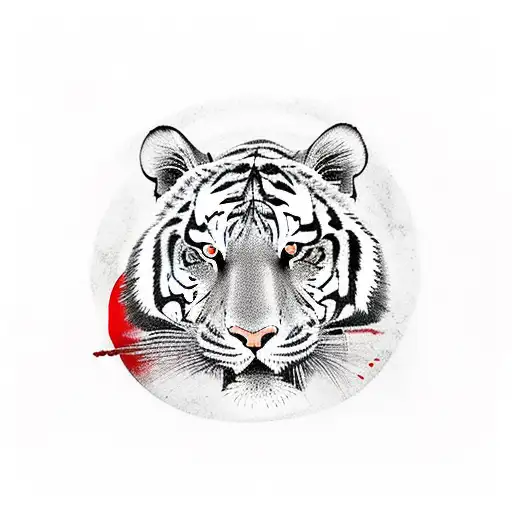 japanese style tiger crawling with bloodred circle behind it. Swallows flyging around the bloodred circle. tattoo design idea