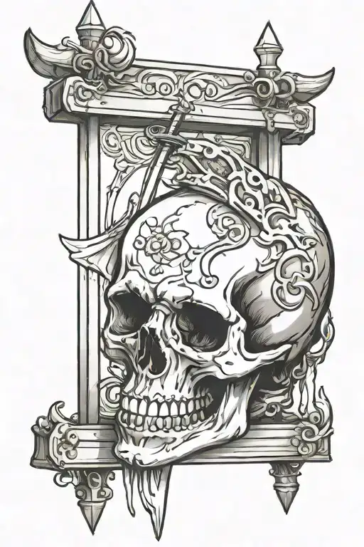 mideval guillotine beheading skull tattoo design idea