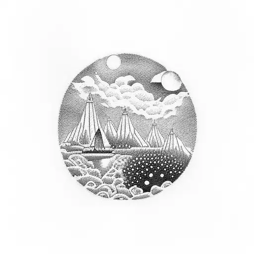 A dotwork tattoo depicting a serene landscape of the Netherlands with a heavenly aura, symbolizing the connection between family and heaven tattoo design idea