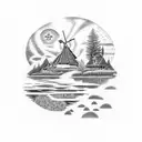 A dotwork tattoo depicting a serene landscape of the Netherlands with a heavenly aura, symbolizing the connection between family and heaven tattoo design idea