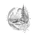 A dotwork tattoo depicting a serene landscape of the Netherlands with a heavenly aura, symbolizing the connection between family and heaven tattoo design idea