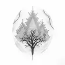 A dotwork tattoo depicting a serene landscape of the Netherlands with a heavenly aura, symbolizing the connection between family and heaven tattoo design idea