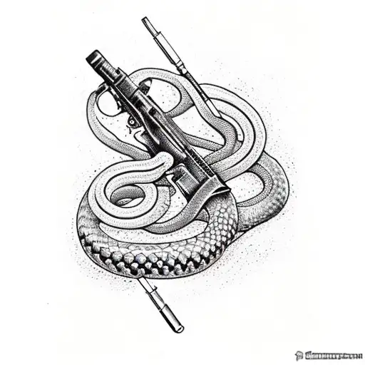 A snake coiled around a hunting rifle, with intricate dotwork details tattoo design idea