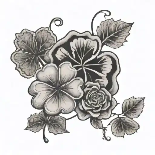 rose, maple leaf, and four leaf clover intertwined tattoo design idea