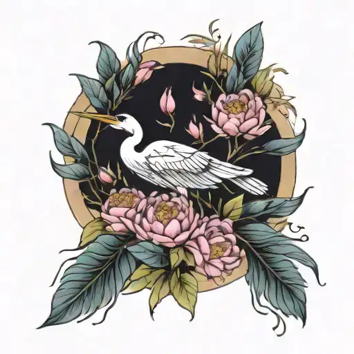 heron surrounded by peonies flower tattoo tattoo design idea
